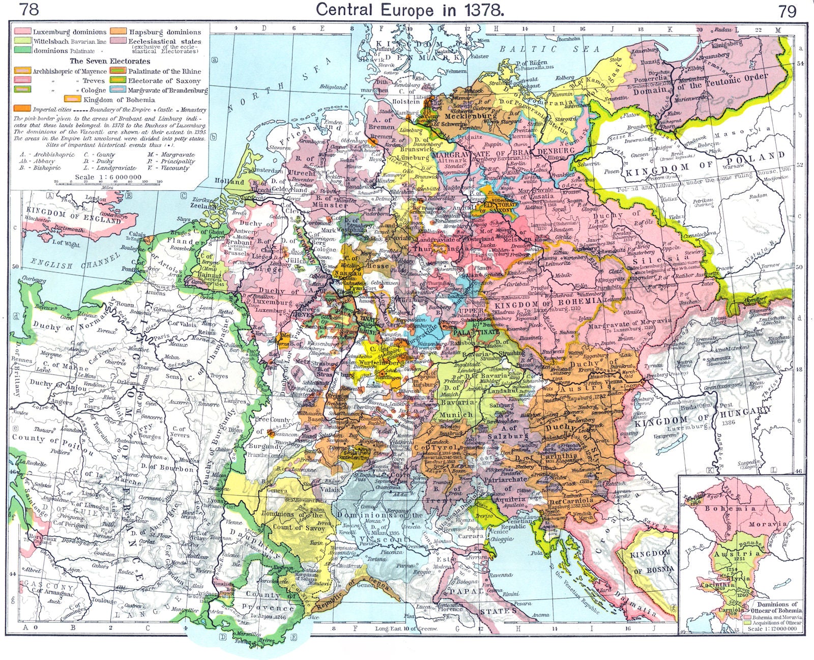 EUROPE. Central in 1378; map of Dominions Ottocar Bohemia 1956 old vintage